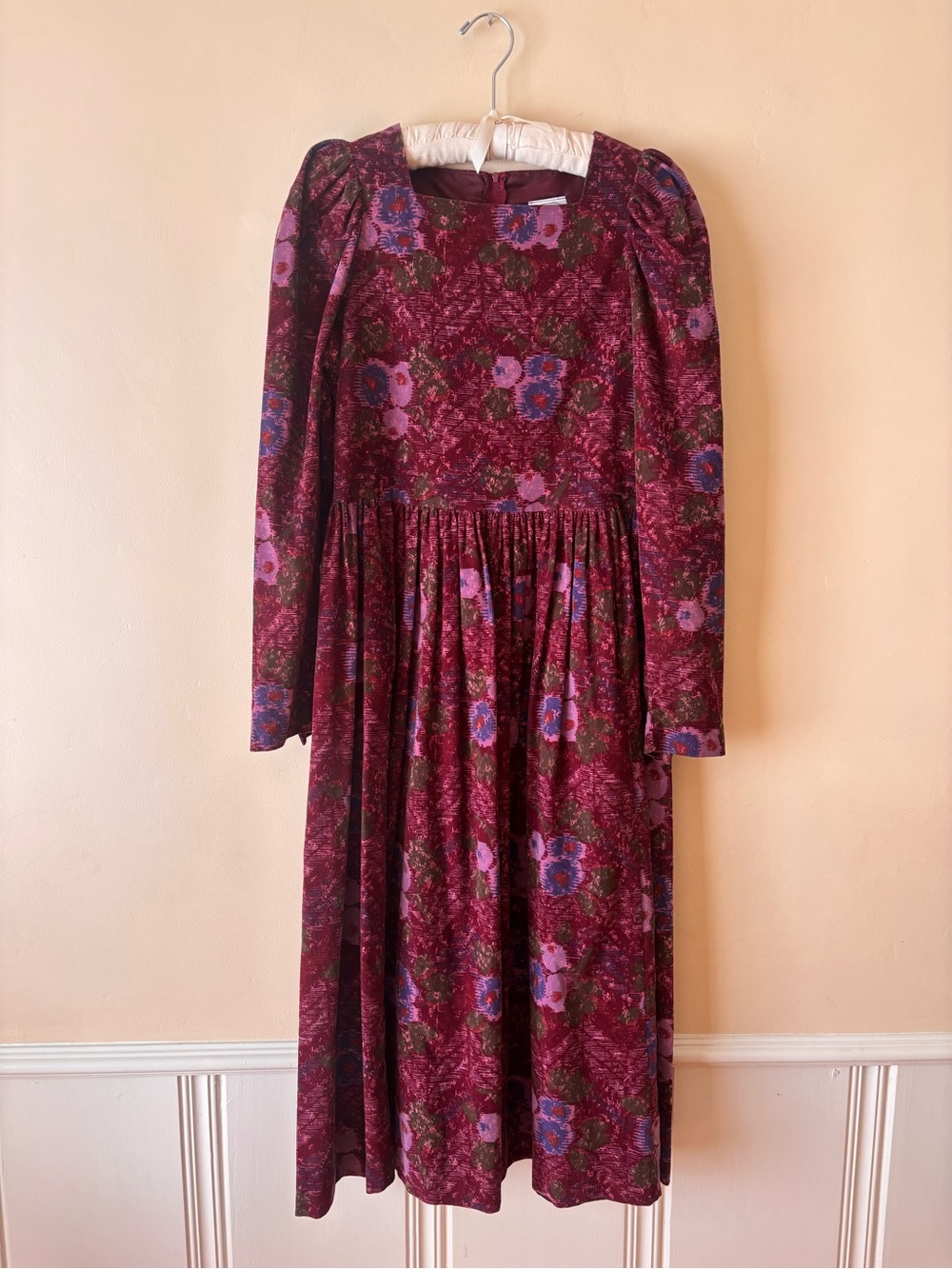 LAURA ASHLEY Vintage Mottled Floral Corduroy Dress / 80s Purple abstract whimsi